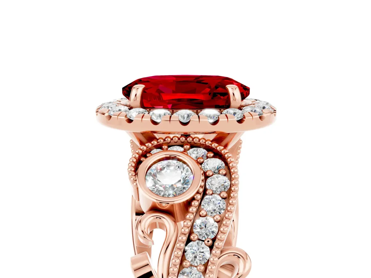 Oval Cut Ruby Halo Ring with Milgrain Pavé Band and Four-Prong Setting Rose gold