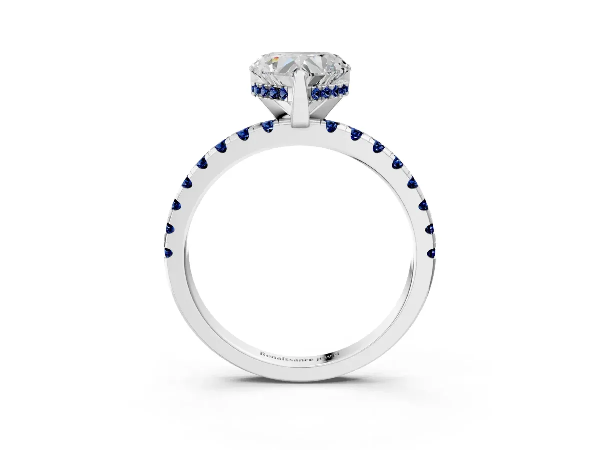 Heart Cut Diamond Solitaire Ring with Round Blue Sapphire Pavé Band and Four-Prong Setting White gold