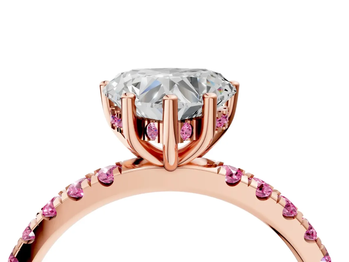 Heart Cut Diamond Pave Band Solitaire Ring with Round Pink Sapphire and Prong Setting Rose gold