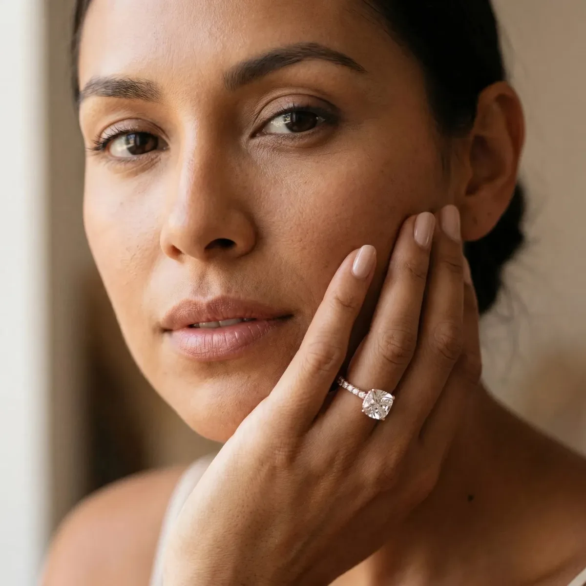 Cushion Cut Moissanite Solitaire Ring with Round Pavé Band and Four-Prong Setting Rose gold