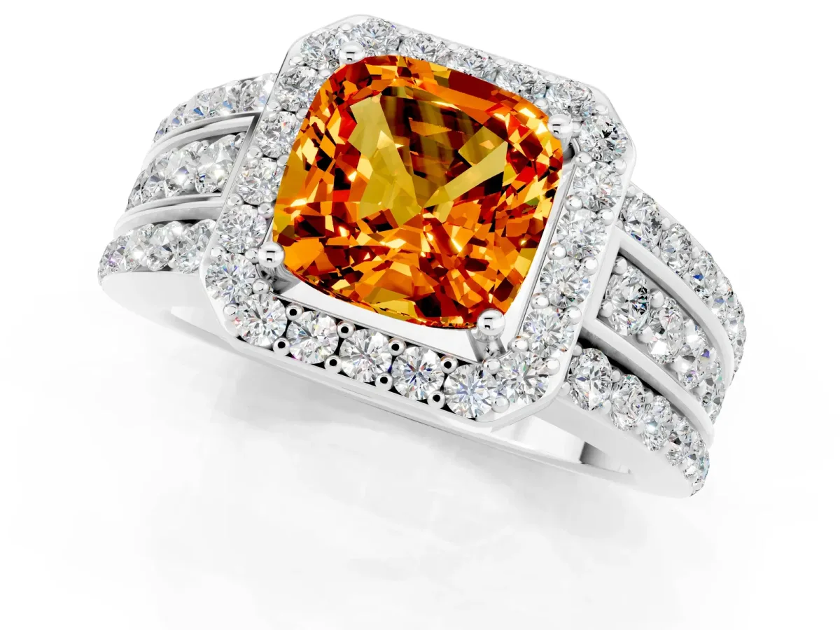 Cushion Cut Halo Citrine Ring with Round Split Shank and Prong Setting White gold