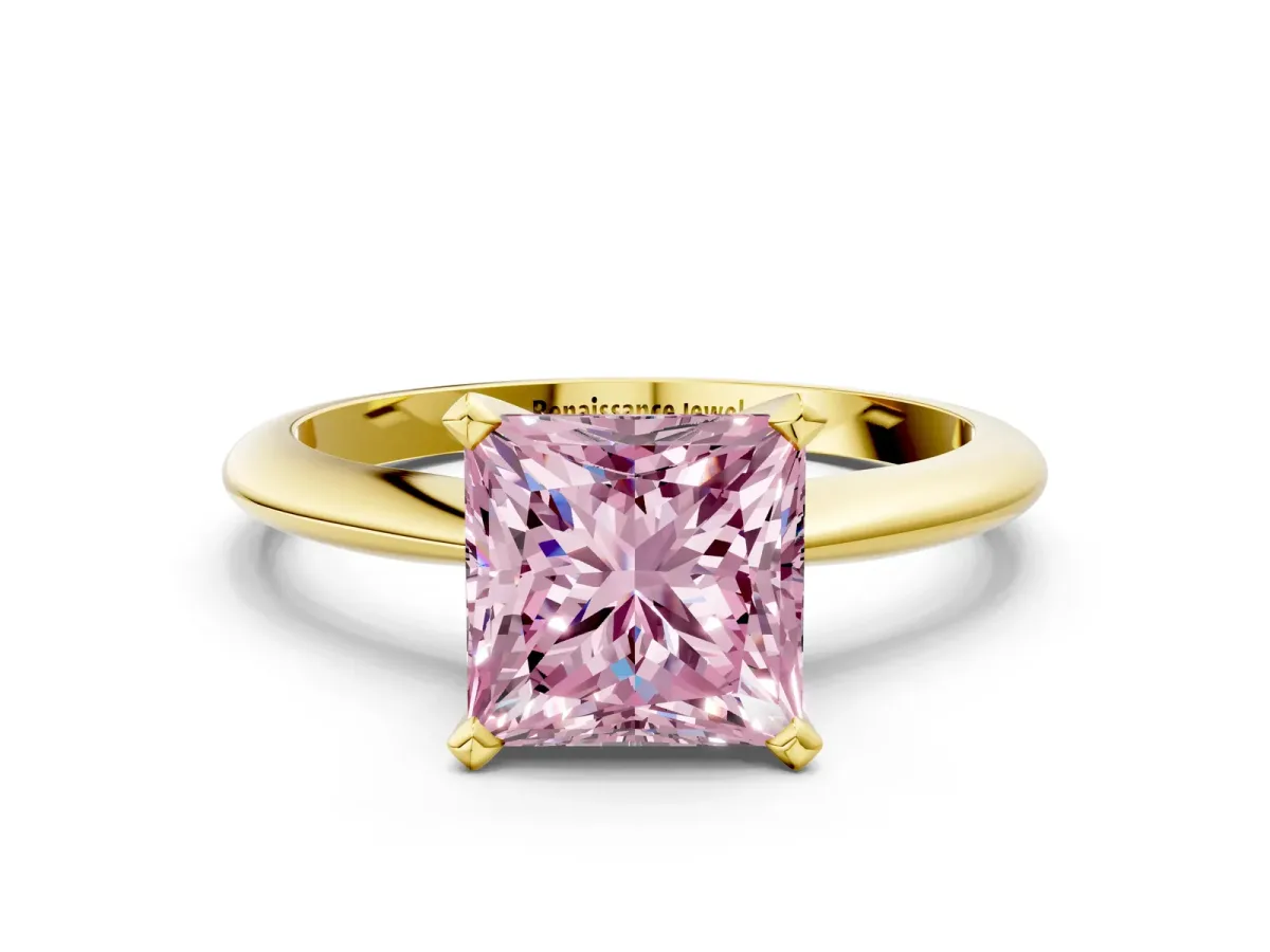Fancy Pink Princess Cut Diamond Solitaire Engagement Ring with Classic Band and Four-Prong Setting Yellow gold