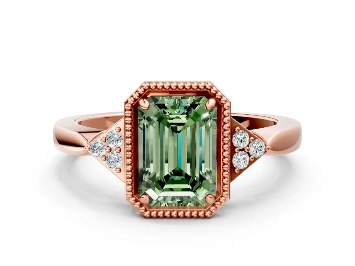 Fancy Green Emerald Cut Diamond Halo Ring with Tapered Band and Four-Prong Setting Rose gold