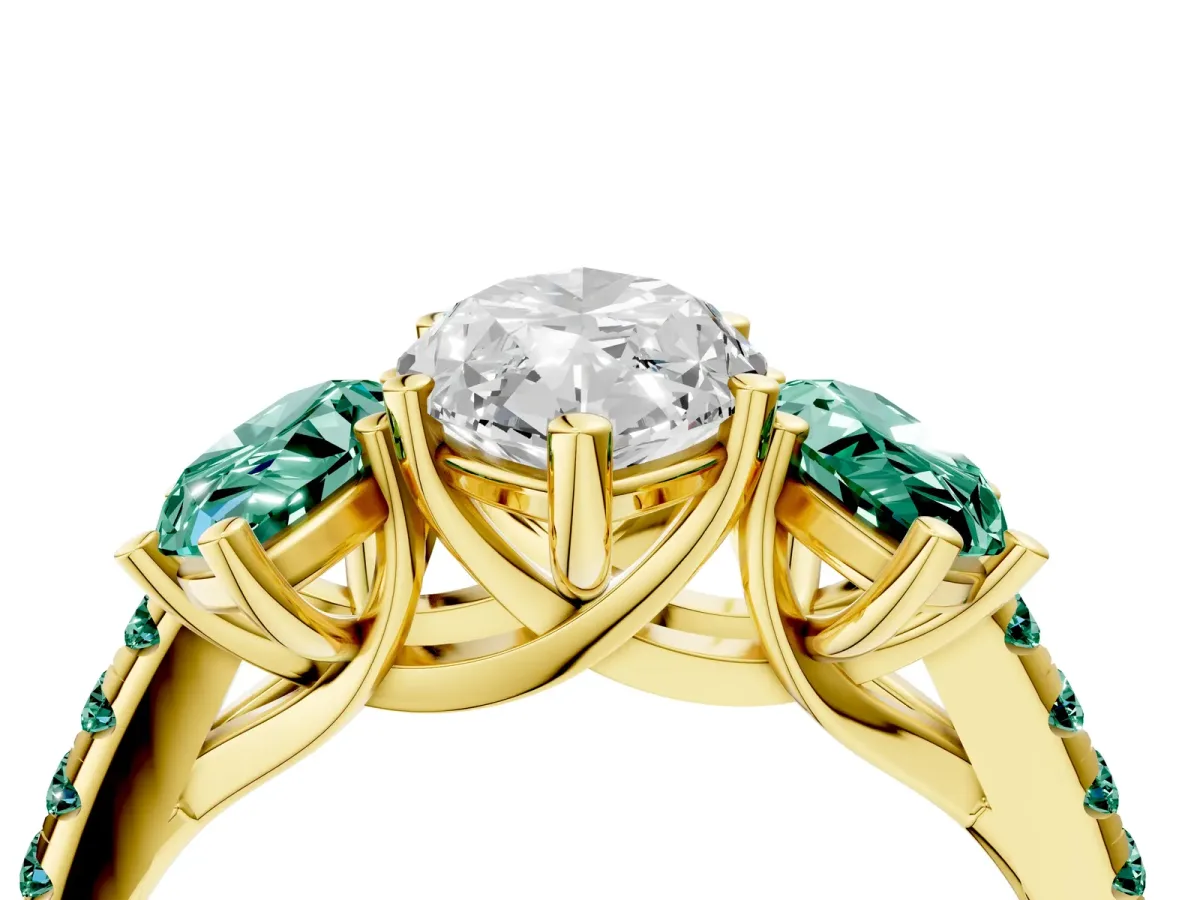 Three-Stone Marquise Cut Diamond Ring with Round Green Sapphire Pavé Band and Prong Setting Yellow gold
