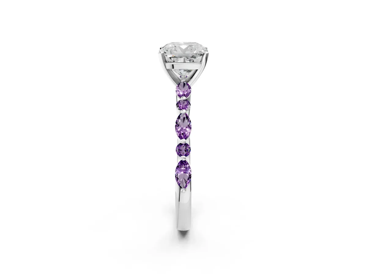 Cushion Cut Diamond Ring with Marquise and Round Amethyst Side Stones and Four-Prong Setting White gold