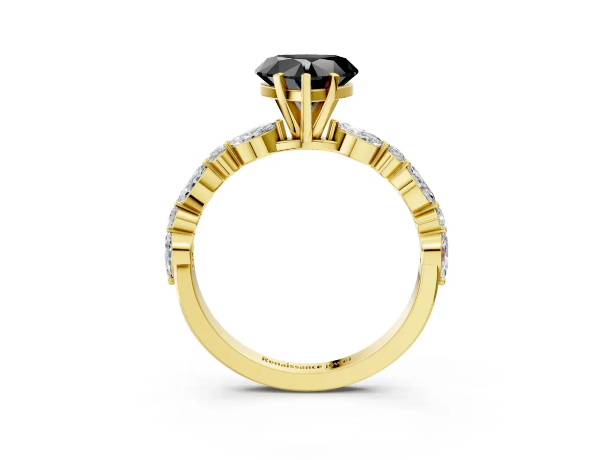 Fancy Black Heart Cut Diamond Ring with Marquise and Round Side Stones and Four-Prong Setting Yellow gold