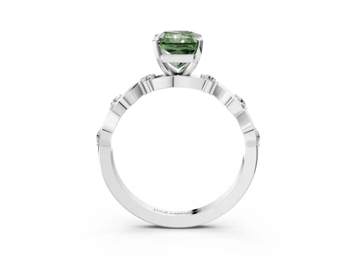 Fancy Green Radiant Cut Diamond Solitaire Twisted Band with Round Accents and Prong Setting White gold