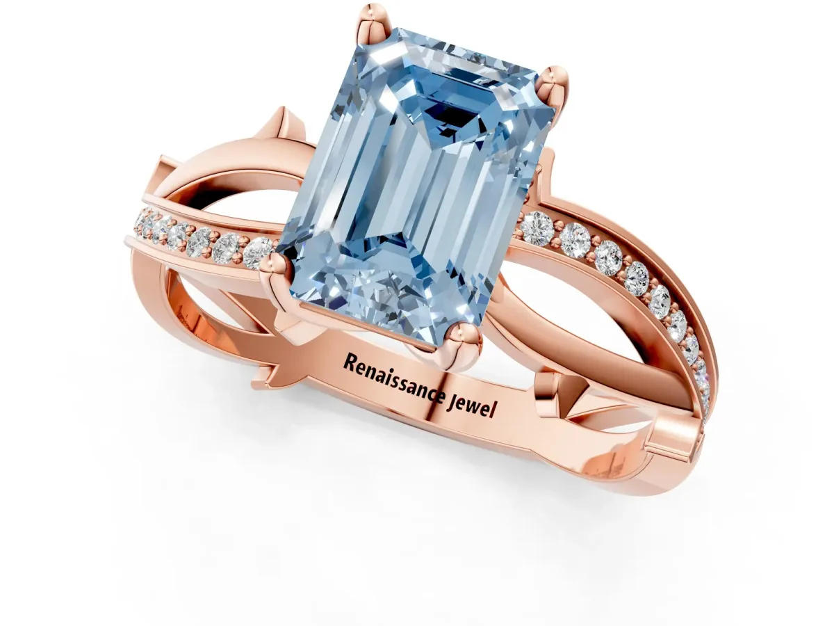 Fancy Blue Emerald Cut Solitaire Twist Band with Pavé Accents and Four-Prong Setting Rose gold