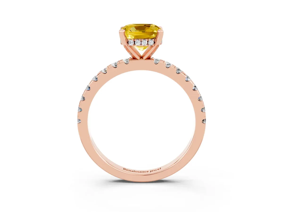 Cushion Cut Yellow Sapphire Solitaire Ring with Round Pavé Band and Four-Prong Setting Rose gold