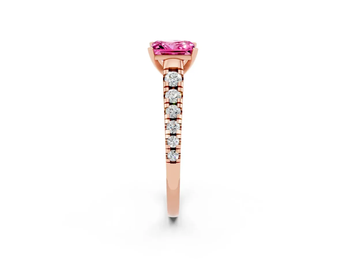 Princess Cut Pink Sapphire Cathedral Solitaire Ring with Round Pavé Band Rose gold