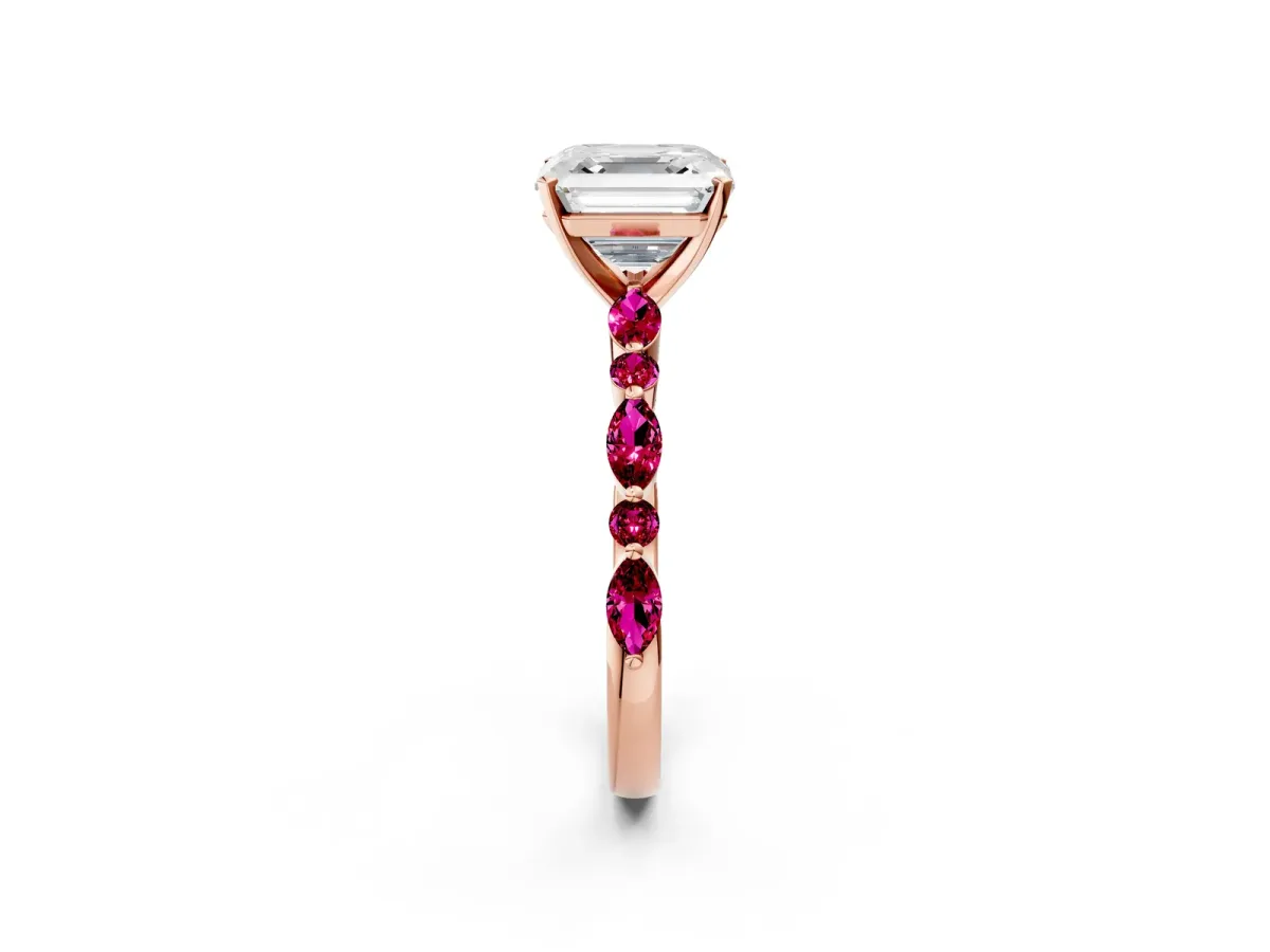Asscher Cut Diamond Ring with Marquise and Round Garnet Side Stones and Four-Prong Setting Rose gold
