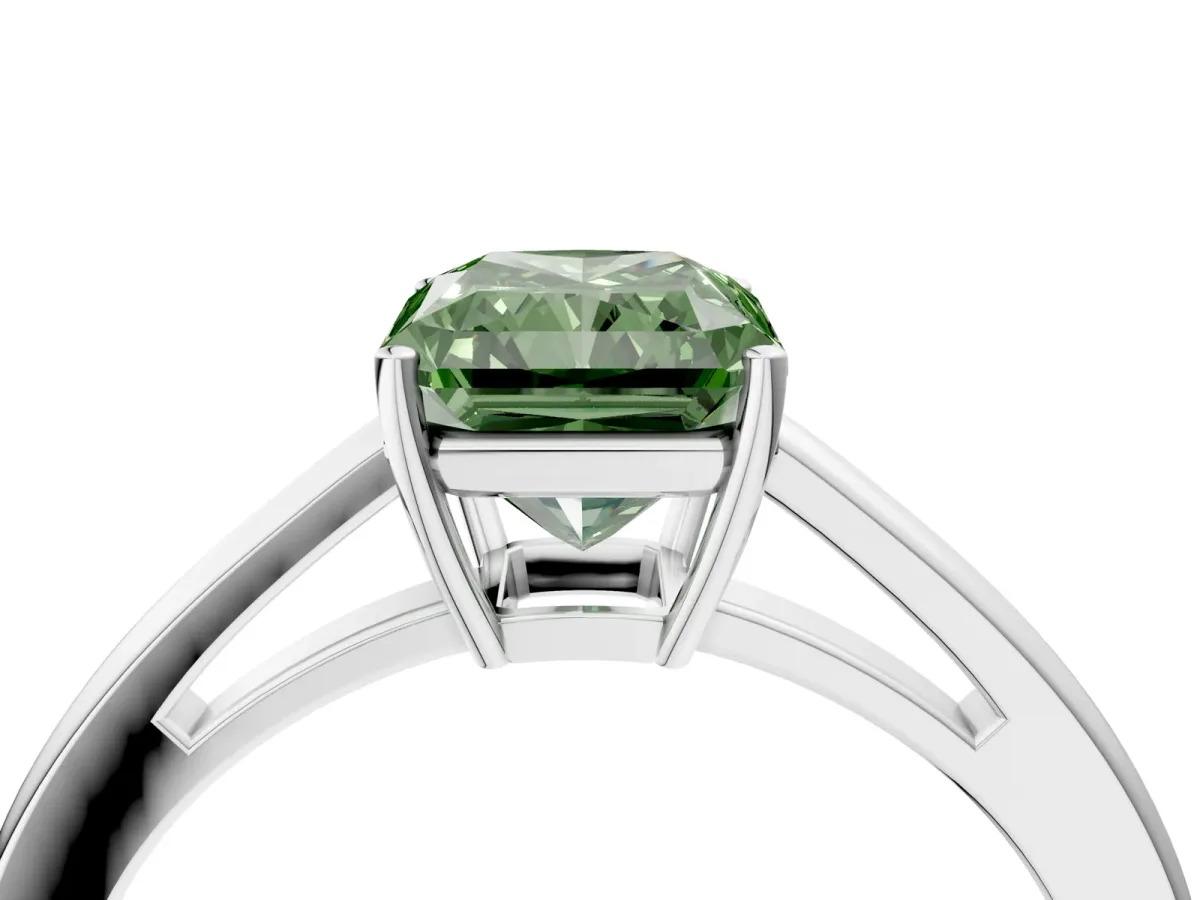 Fancy Green Radiant Cut Solitaire Diamond Ring with Split Shank and Four-Prong Setting Platinum