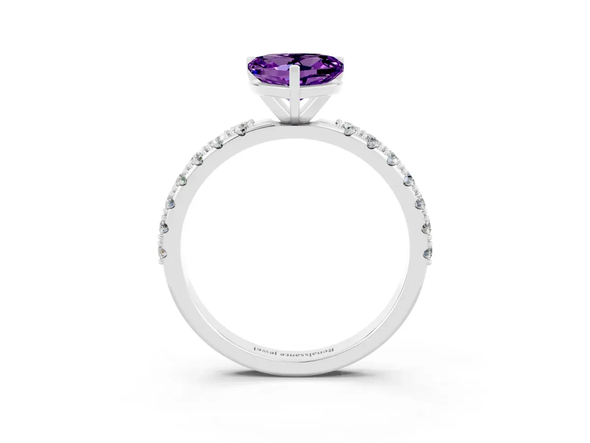 Heart Cut Amethyst Solitaire Pavé Band with Four-Prong Setting White gold