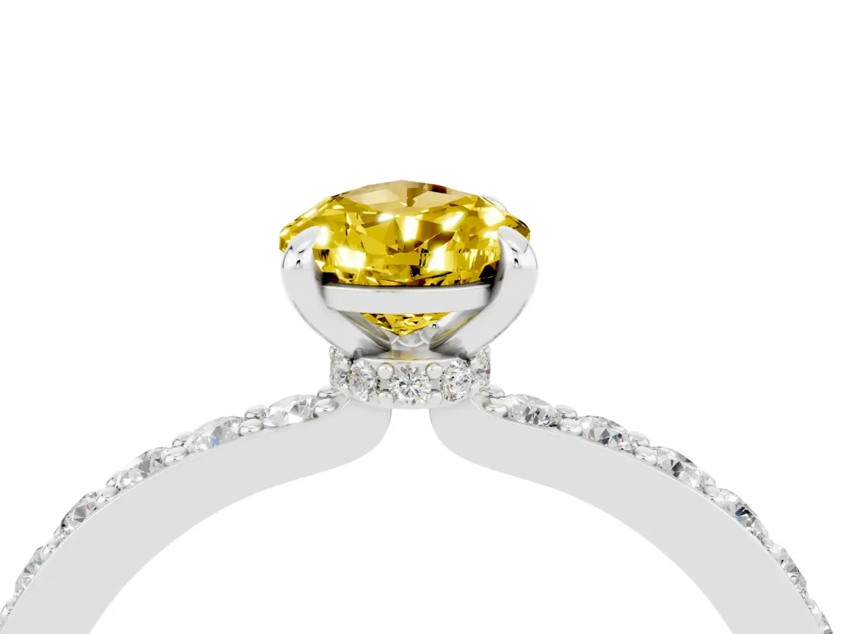 Pear Cut Yellow Sapphire Solitaire Engagement Ring with Pavé Band and Four-Prong Setting White gold