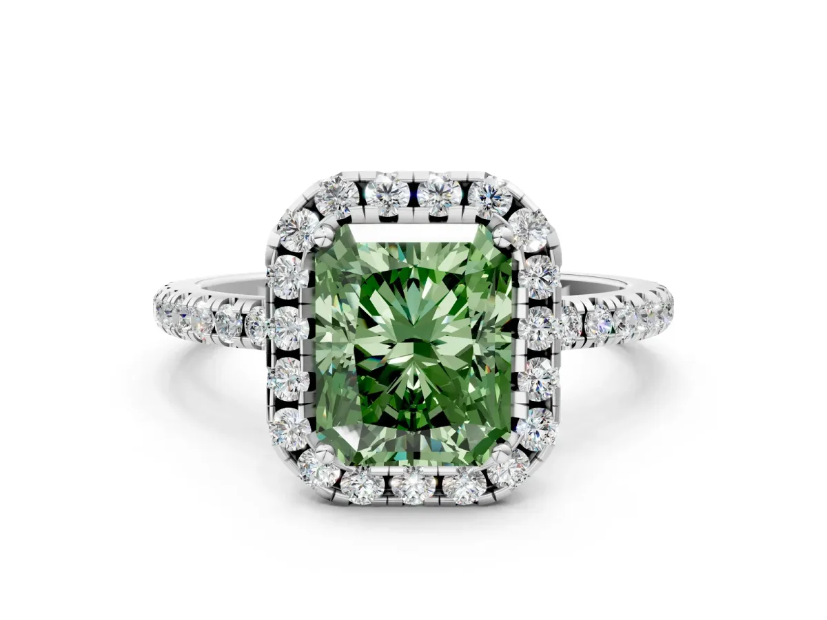 Fancy Green Radiant Cut Diamond Halo Engagement Ring with Round Pavé Band and Prong Setting Platinum