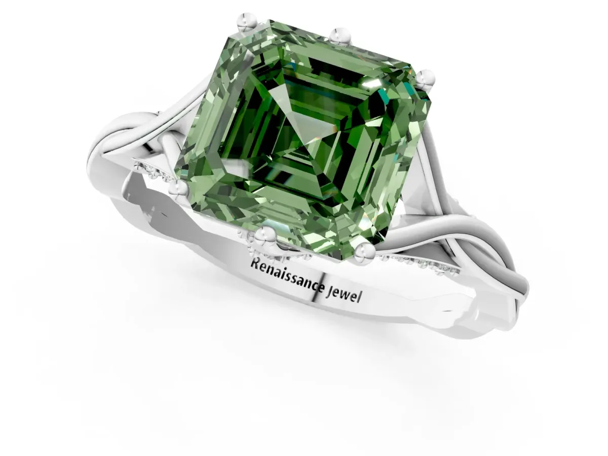 Fancy Green Asscher Cut Solitaire Twist Band Six-Prong Setting Platinum