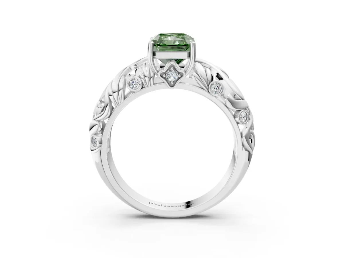 Fancy Green Radiant Cut Solitaire Diamond Leaf-Inspired Vine Band Ring with Prong Setting Platinum