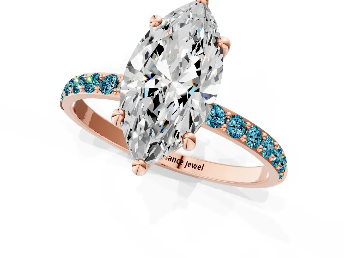 Marquise Cut Diamond Solitaire Ring with Round Blue Topaz Pavé Band and Prong Setting Rose gold