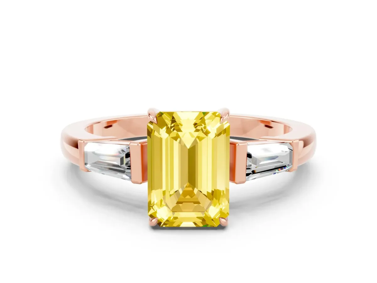 Emerald Cut Yellow Sapphire Three-Stone Ring with Tapered Baguette Side Stones and Prong Setting Rose gold