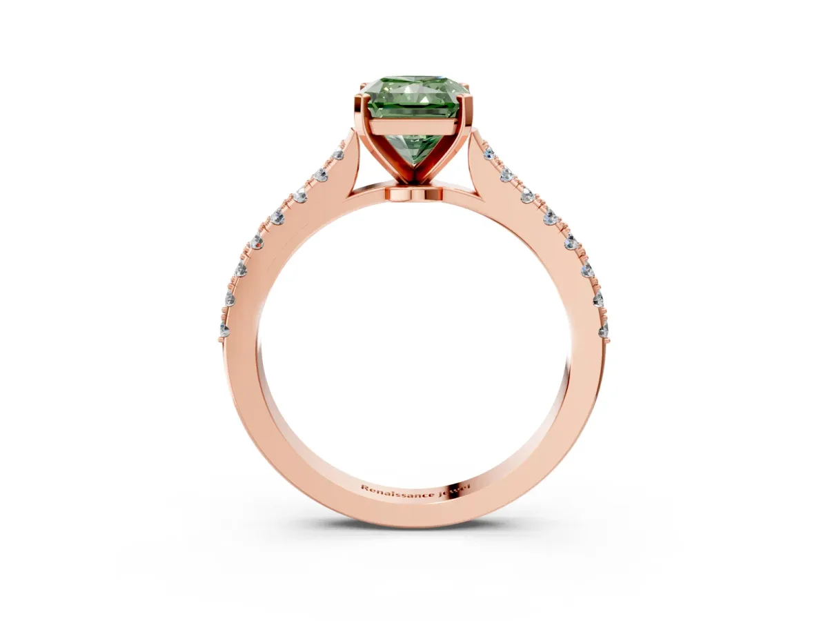 Fancy Green Radiant Cut Cut Solitaire Diamond Engagement Ring with Pave Band and Four-Prong Setting Rose gold