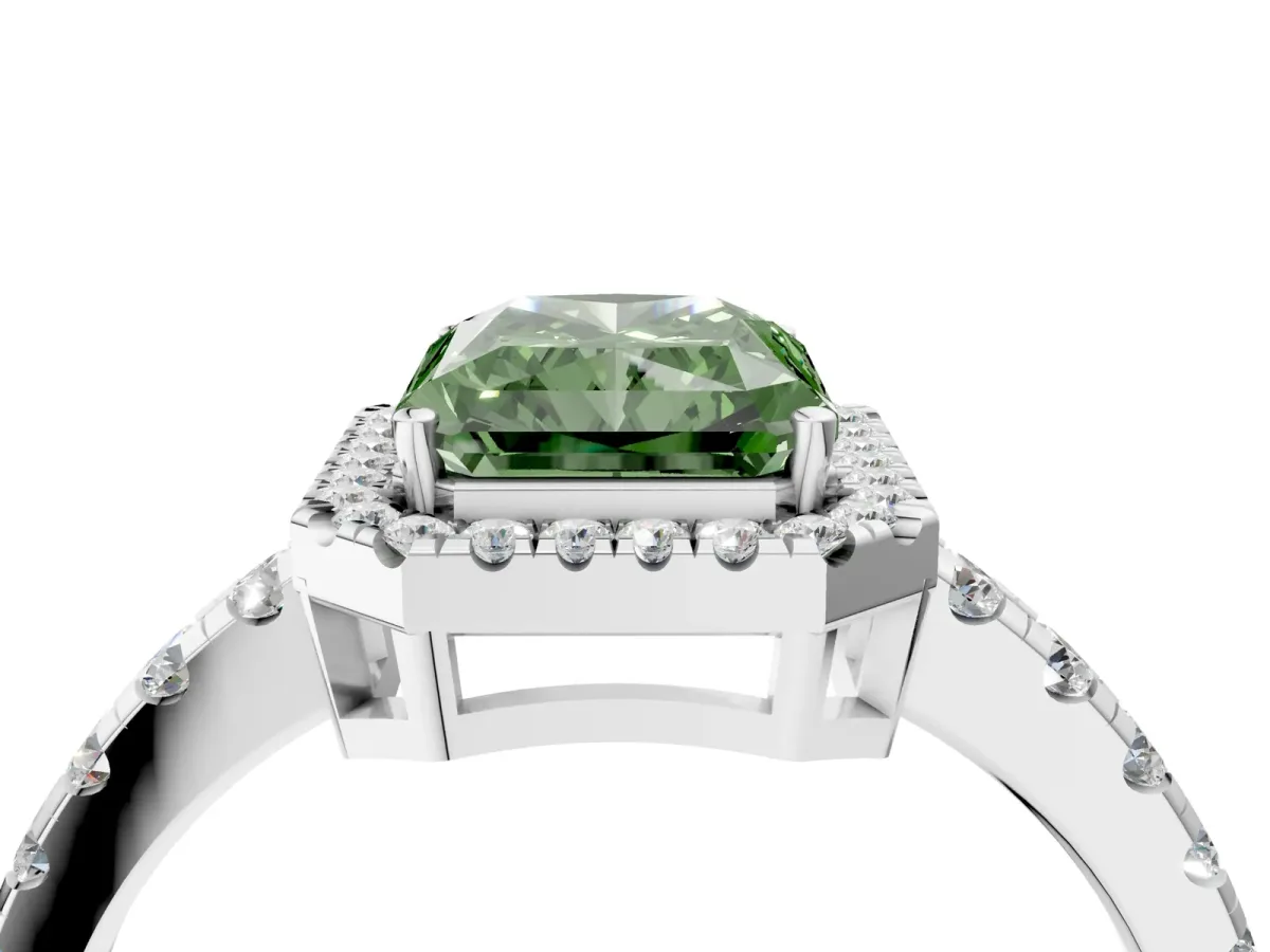 Fancy Green Radiant Cut Diamond Halo Ring with Pavé Band and Four-Prong Setting Platinum
