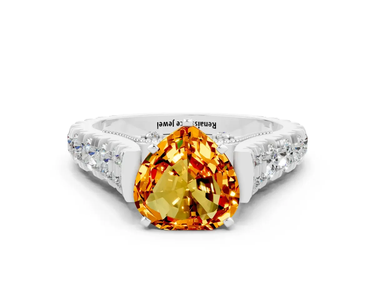 Heart Cut Citrine Classic Solitaire Ring with Pavé Band and Four-Prong Setting Silver