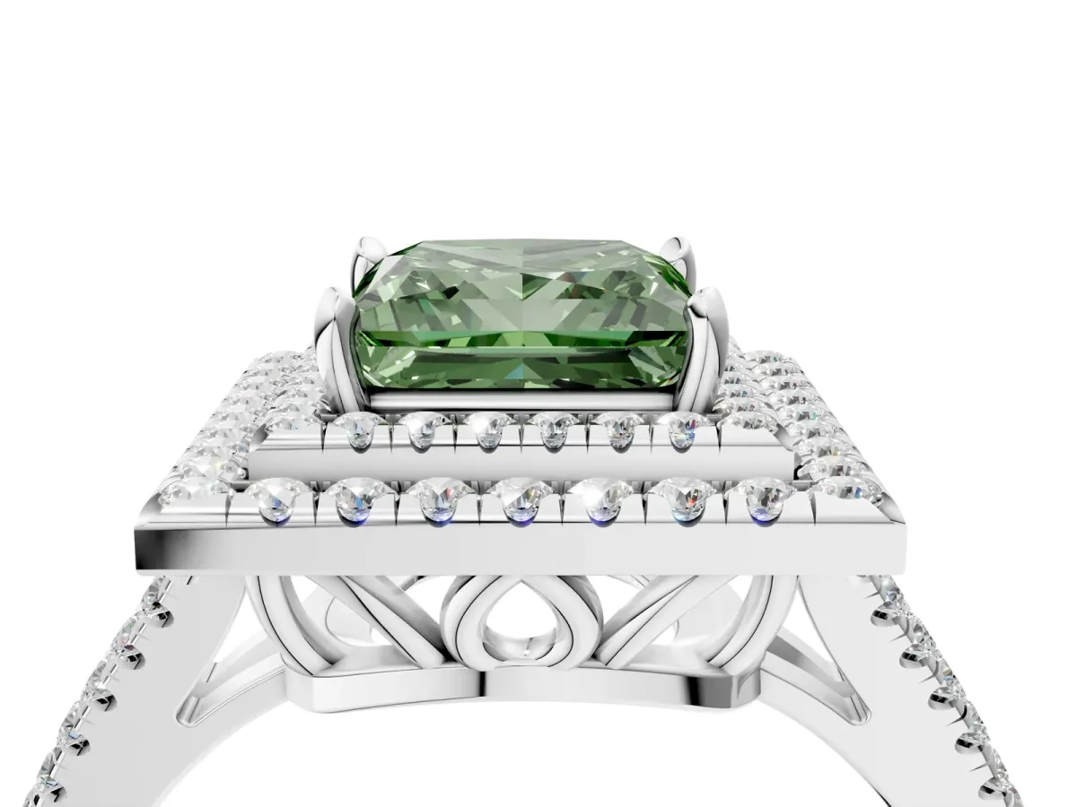 Fancy Green Princess Cut Diamond Double Halo Ring with Pavé Band and Prong Setting White gold