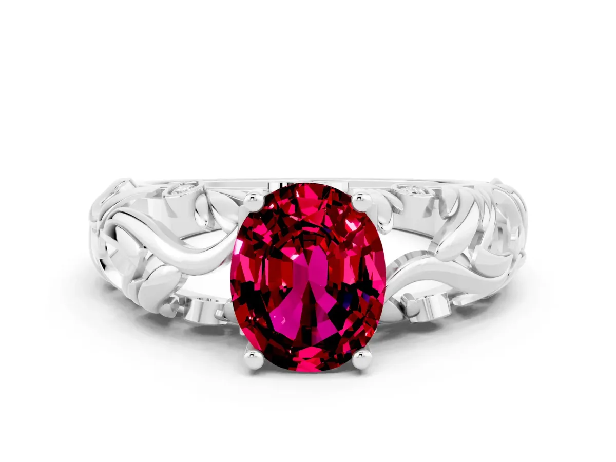 Oval Cut Solitaire Garnet Leaf-Inspired Vine Band Ring with Prong Setting White gold