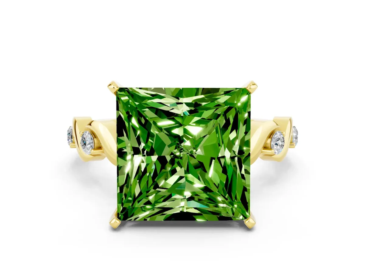 Princess Cut Peridot Solitaire Twisted Band with Round Accents and Prong Setting Yellow gold