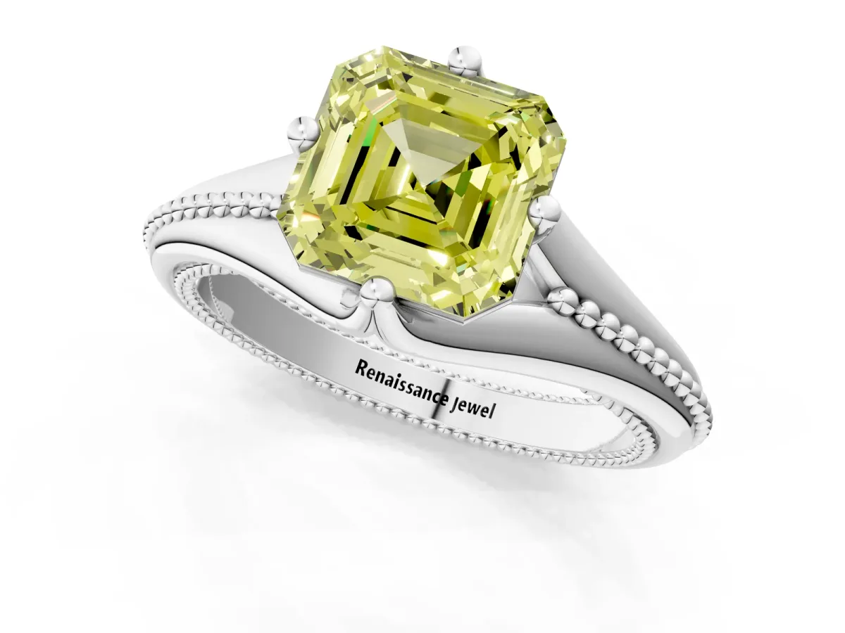 Fancy Yellow Asscher Cut Solitaire Beaded Band Six-Prong Setting Platinum