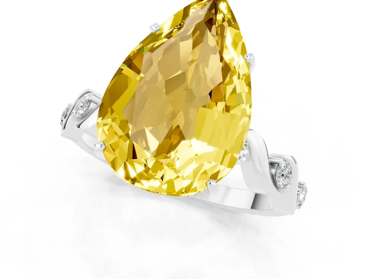 Pear Cut Yellow Sapphire Solitaire Twisted Band with Round Accents and Prong Setting White gold