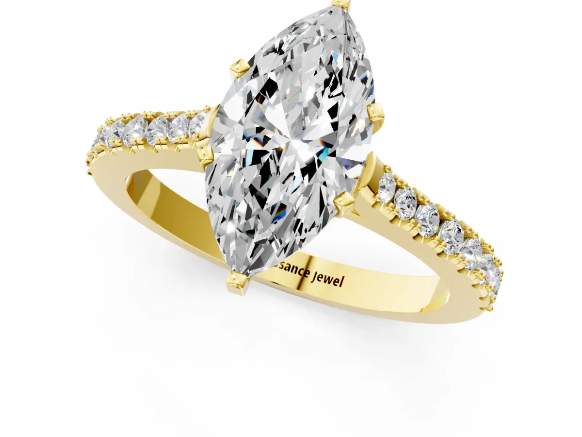 Marquise Cut Cut Solitaire Diamond Engagement Ring with Pave Band and Four-Prong Setting Yellow gold
