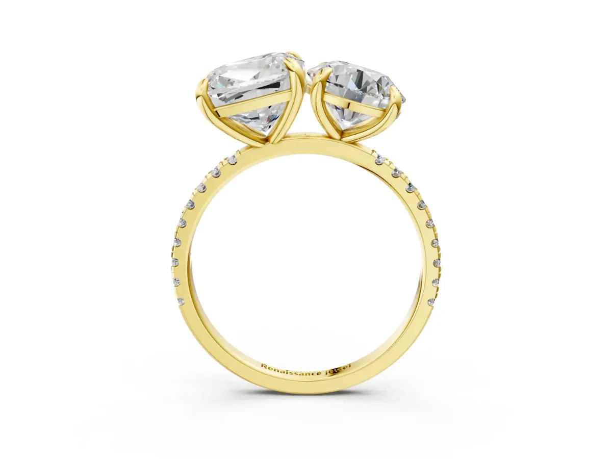 Round and Cushion Toi Moi Ring with Prong Setting and Pave Band Yellow gold