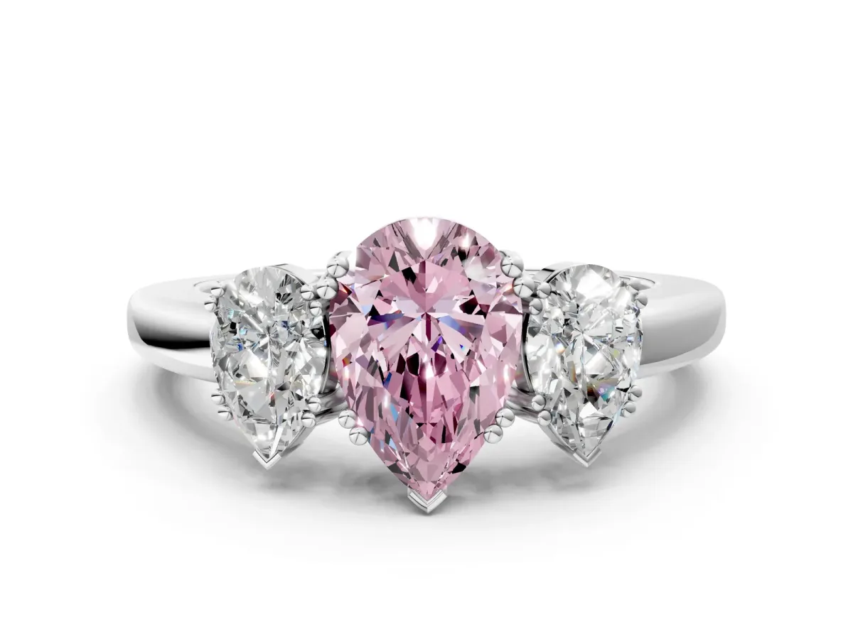 Fancy Pink Three-Stone Pear Cut Cut Diamond Ring with Channel Set Band and Four-Prong Setting Silver