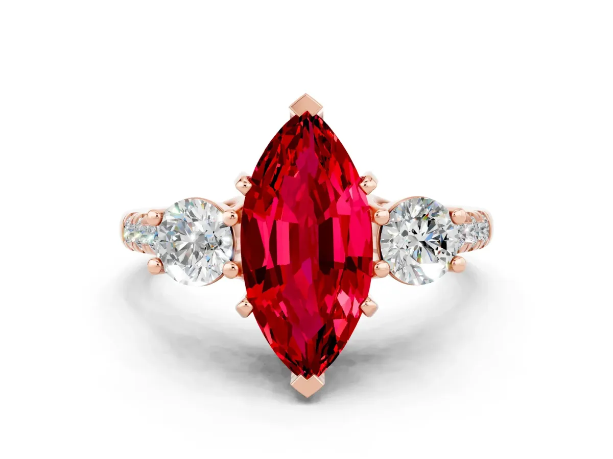 Three-Stone Marquise Cut Ruby Pavé Band with Four-Prong Setting Rose gold