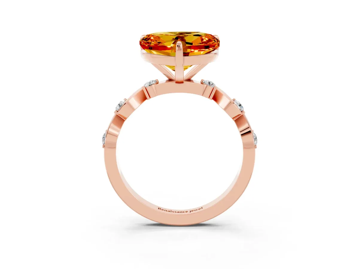 Heart Cut Citrine Solitaire Twisted Band with Round Accents and Prong Setting Rose gold