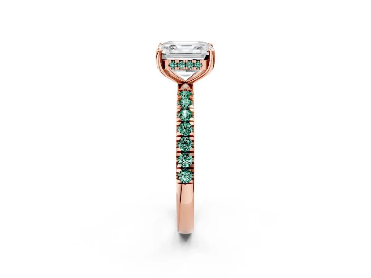 Asscher Cut Diamond Pave Band Solitaire Ring with Round Green Sapphire and Prong Setting Rose gold