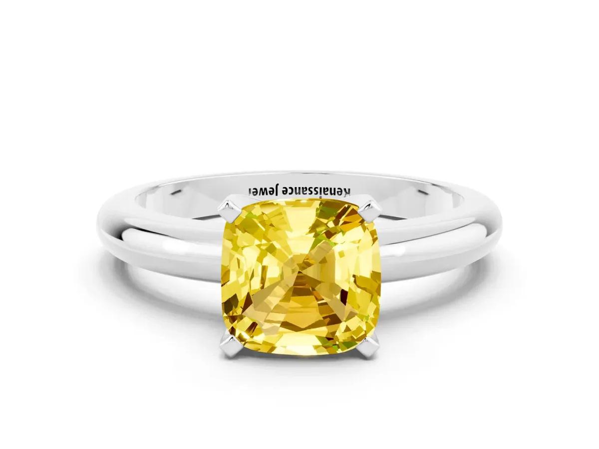 Cushion Cut Yellow Sapphire Solitaire Engagement Ring with Round Band and Four-Prong Setting White gold