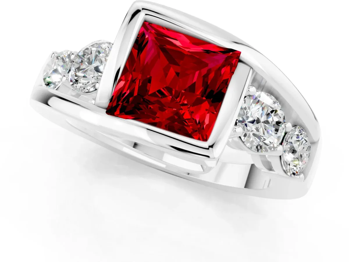 Bezel Set Princess Cut Ruby Bypass Ring with Round Accents Silver