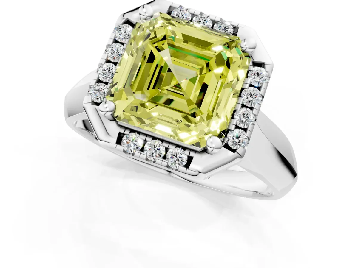 Fancy Yellow Asscher Cut Cut Halo Solitaire Engagement Ring with Square Band and Four-Prong Setting White gold