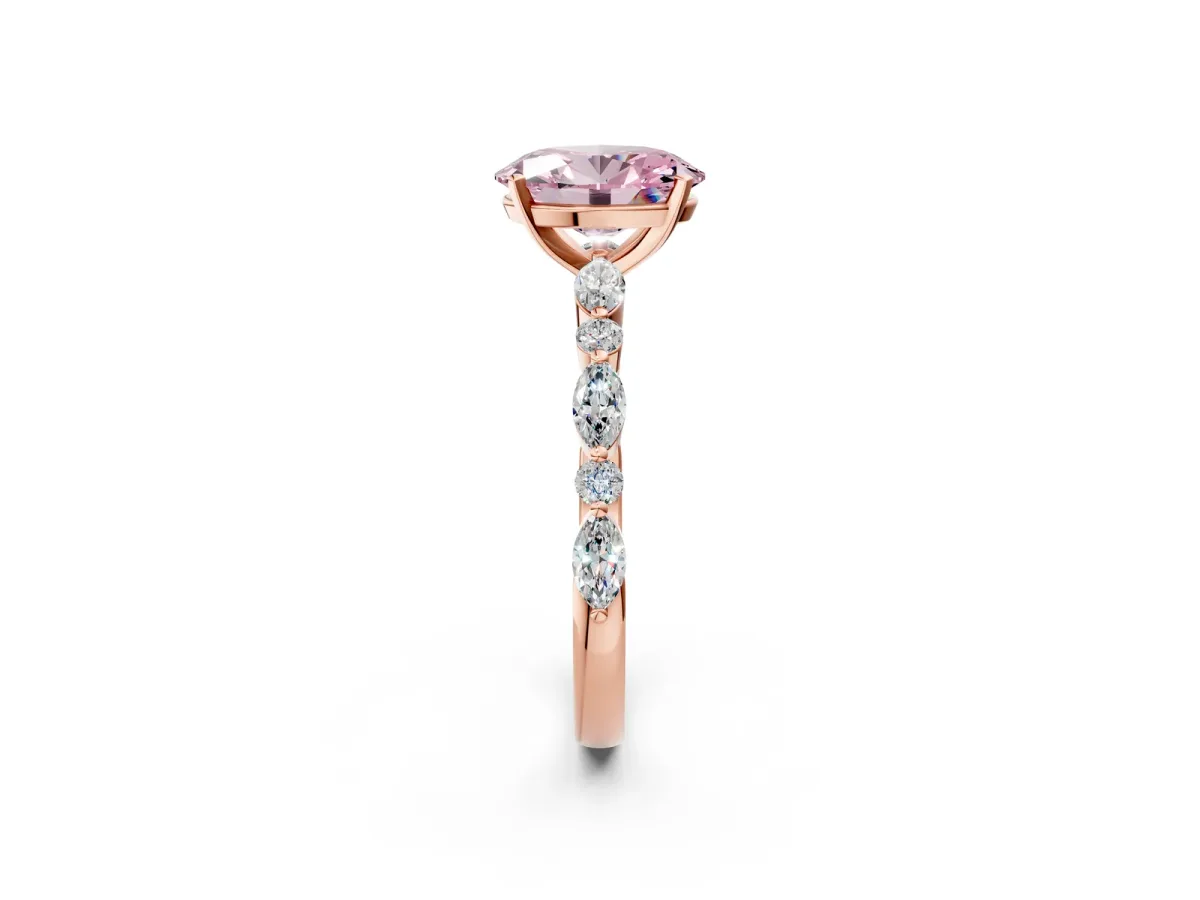 Fancy Pink Oval Cut Diamond Ring with Marquise and Round Side Stones and Four-Prong Setting Rose gold