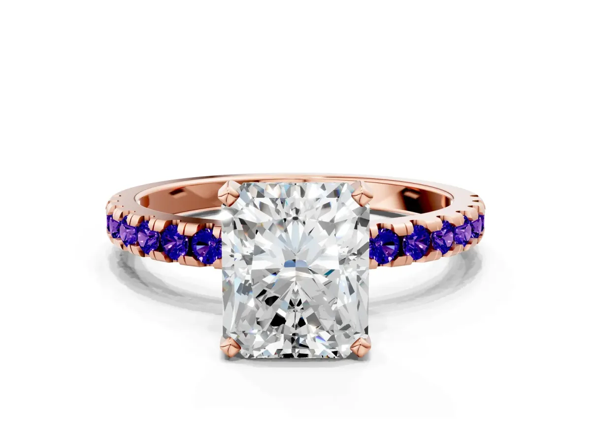 Radiant Cut Diamond Solitaire Ring with Round Tanzanite Pavé Band and Four-Prong Setting Rose gold