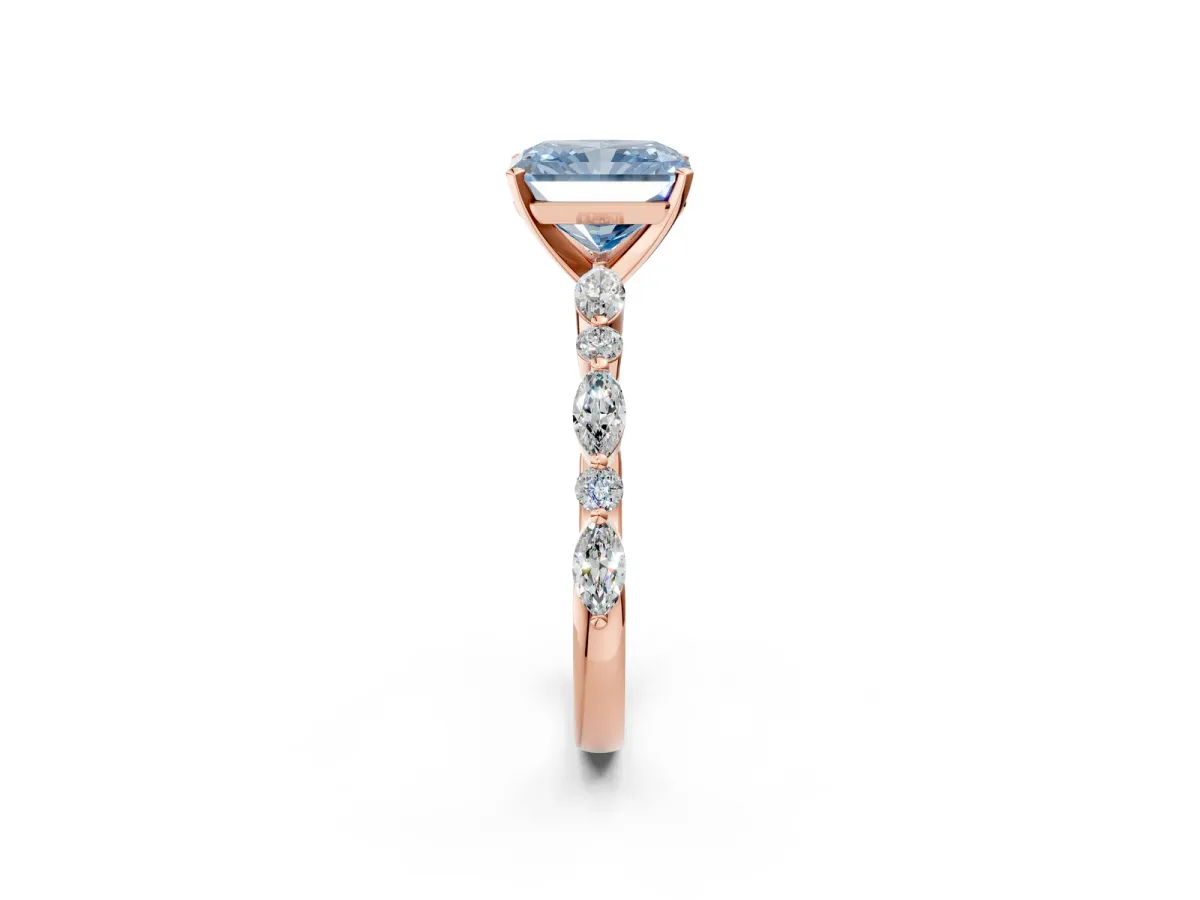 Fancy Blue Radiant Cut Diamond Ring with Marquise and Round Side Stones and Four-Prong Setting Rose gold