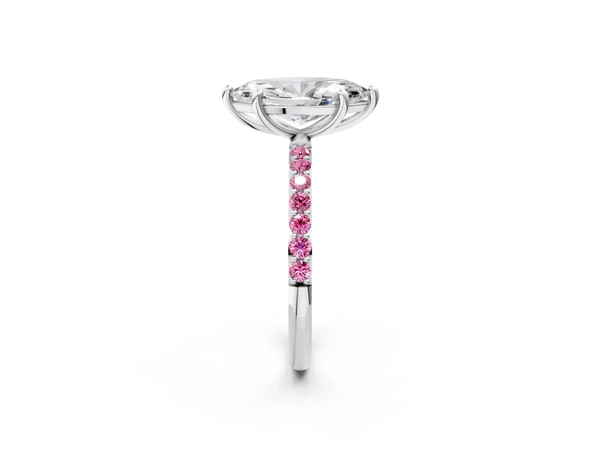 Marquise Cut Diamond Solitaire Ring with Round Pink Sapphire Pavé Band and Prong Setting White gold