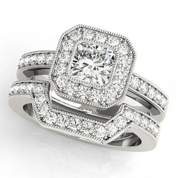 Cushion Cut-Cut Diamond Halo Engagement Ring with Pave Band and Prong Setting White gold