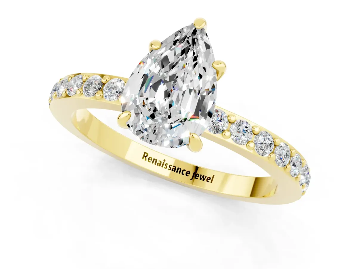 Pear Cut Moissanite Solitaire Engagement Ring with Pavé Band and Four-Prong Setting Yellow gold