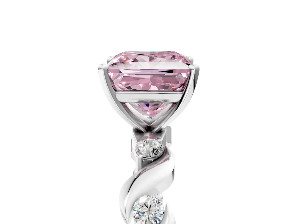 Fancy Pink Princess Cut Diamond Solitaire Twisted Band with Round Accents and Prong Setting White gold
