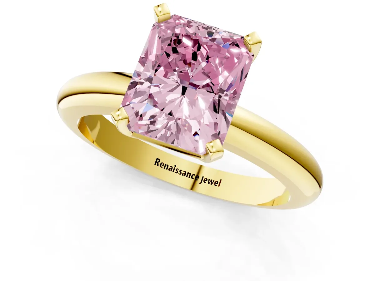 Fancy Pink Radiant Cut Diamond Solitaire Engagement Ring with Round Band and Four-Prong Setting Yellow gold