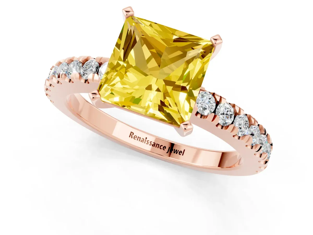 Princess Cut Solitaire Yellow Sapphire with Pavé Band and Four-Prong Setting Rose gold