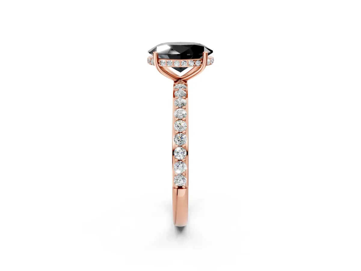 Fancy Black Oval Cut Diamond Solitaire Ring with Pavé Band and Hidden Halo Rose gold